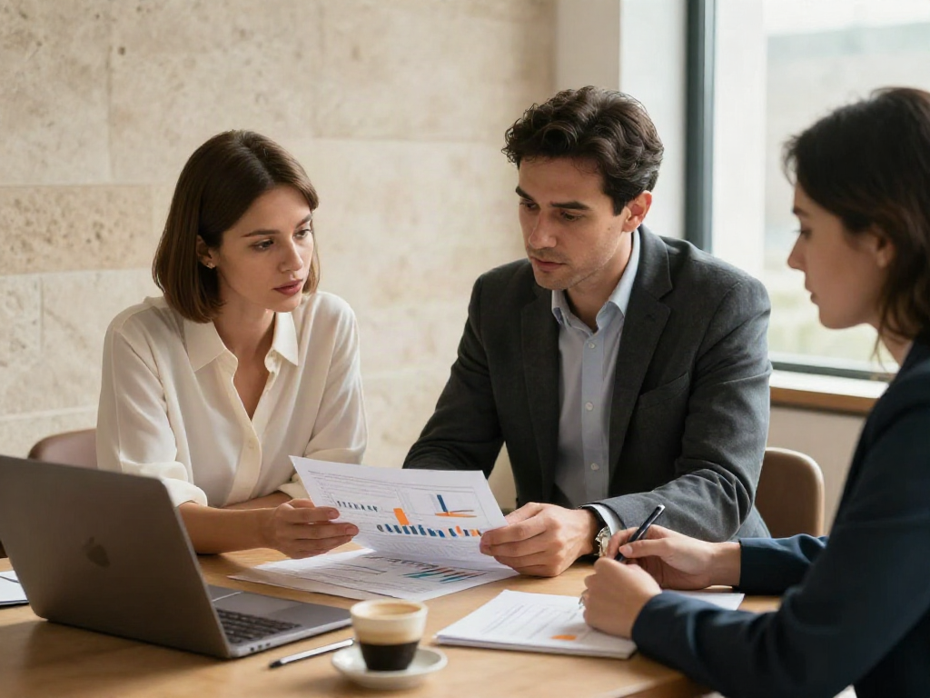 Three professionals discussing business analytics and strategic priorities around a meeting table