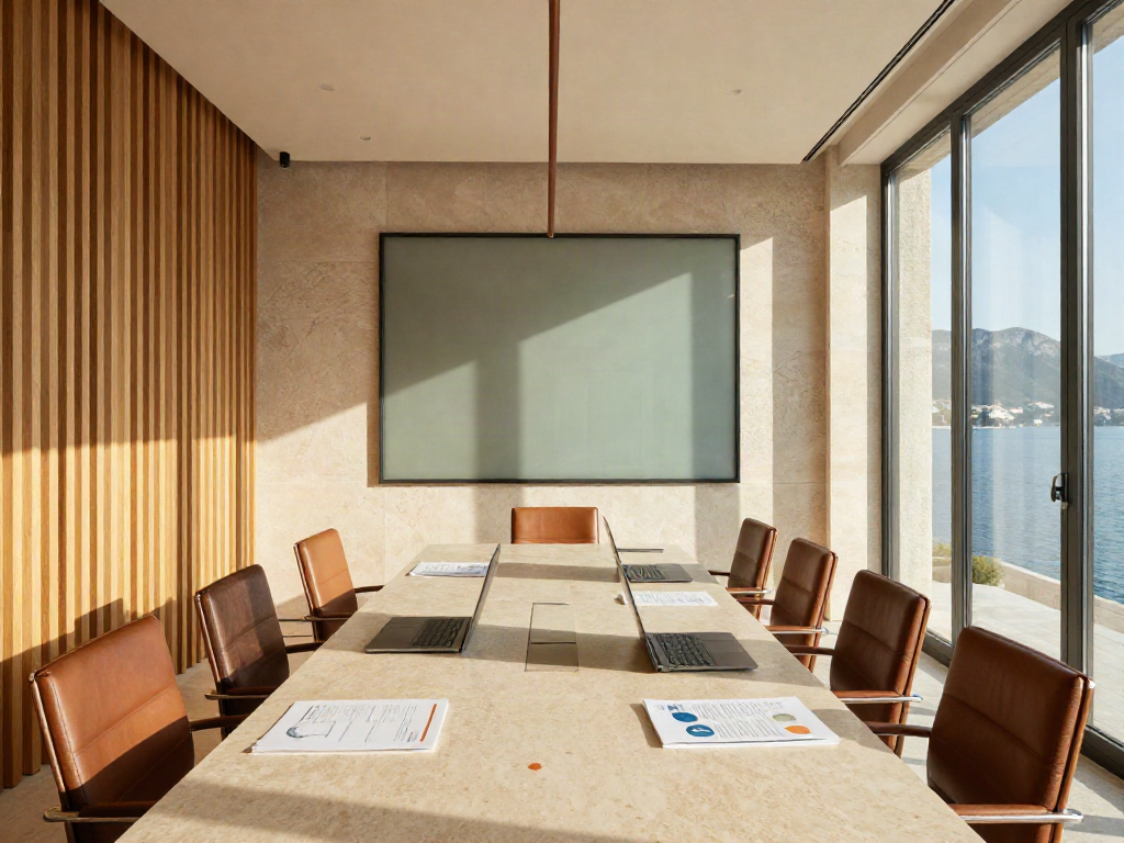 A sunlit executive boardroom with business reports, laptops, and views of the Adriatic coast